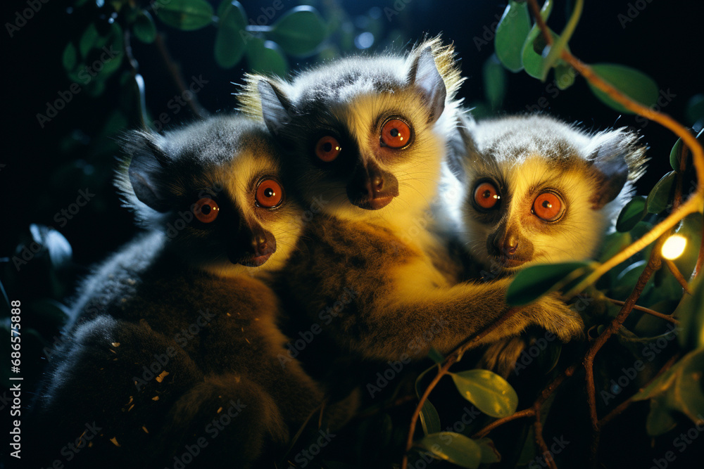 Poster an ethereal portrayal of luminous lemurs with glowing forms, their nocturnal presence adding a touch