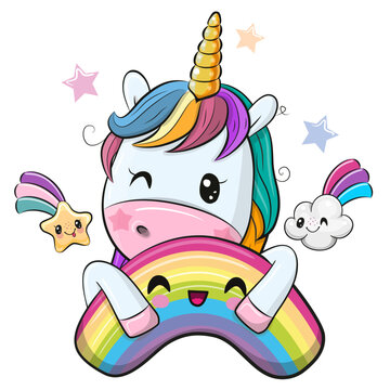 Cartoon Unicorn with rainbow on a white background