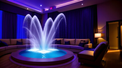 Interior of a royal living room with a water fountain