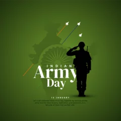Fotobehang Vector illustration of Indian army day. Silhouette of soldier saluting concept on military green background. © Rohan Divetiya 