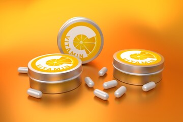 Vitamin C in stylish metal containers and scattered tablets around - 686577617