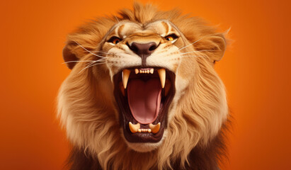 Portrait of a Lion showing his teeth. Open mouth. Orange background.