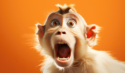 Studio Portrait of Funny and Excited Macaque Monkey on Orange Background with Shocked or Surprised Expression and Open Mouth.