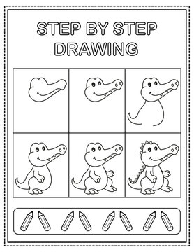 Crocodile. Book page, drawing step by step. Black and white vector coloring page.