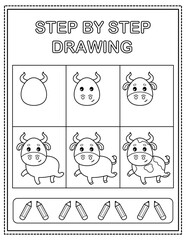 Bull. Book page, drawing step by step. Black and white vector coloring page. - obrazy, fototapety, plakaty