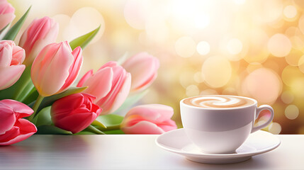 Fototapeta na wymiar cup of coffee with tulips Festive breakfast Flowers and donuts closeup Delicious breakfast of pink icing donuts coffee cup pink tulips Romantic background about love valentine's day birthday