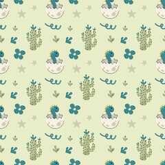 Seamless pattern with cute dinosaurs and tropical plants on white background. Childrens colorful print on fabric, textile, wallpaper,postcards. Vector