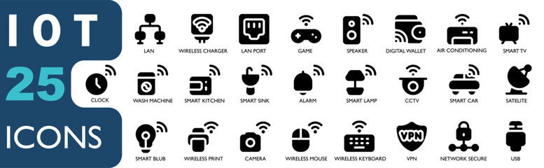 icon set theme IOT .contains vpn,network security,network,camera,printer,wireless technology,satelite,digital wallet,LAN,port.black solid icons set, for apk, web and other designs.