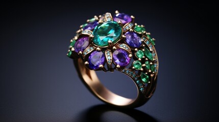 A cluster ring with sapphires and emeralds, radiating rich colors under soft, diffused lighting.