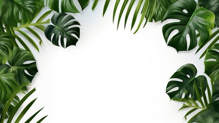 Isolate Dark green Monstera large leaves, philodendron tropical foliage plant growing in wild on white mable rock background concept for flat lay summer greenery leaf With generative ai - obrazy, fototapety, plakaty