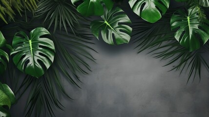 Fototapeta na wymiar Isolate Dark green Monstera large leaves, philodendron tropical foliage plant growing in wild on white mable rock background concept for flat lay summer greenery leaf With generative ai