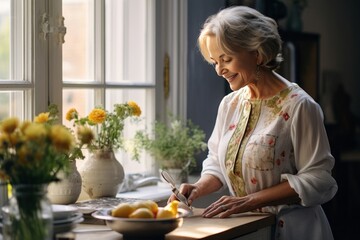 Positive senior Caucasian lady preparing salad with greenery and fresh vegetables at kitchen table. Cheerful female homeowner, food guru preparing ingredients for family dinner. Healthy food concept. - obrazy, fototapety, plakaty