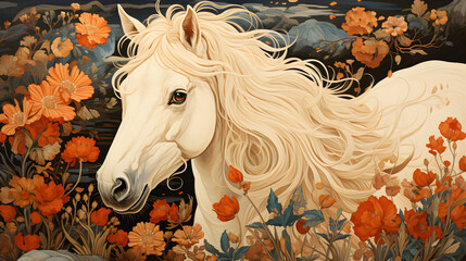 Fototapeta premium A vintage-worn illustration of a white long-haired horse. night time. Portrait of a serious beautiful fluffy horse happy honey-eyed gray. with flowers. which could be used as a poster or flyer.