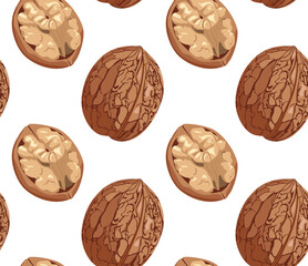 Walnuts in shell and shelled. Seamless pattern in vector. Suitable for prints and backgrounds.