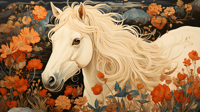 A vintage-worn illustration of a white long-haired horse. night time. Portrait of a serious beautiful fluffy horse happy honey-eyed gray. with flowers. which could be used as a poster or flyer.