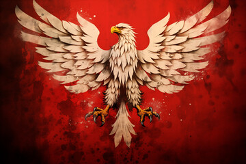 White eagle on a red background, national coat of arms of Poland - obrazy, fototapety, plakaty