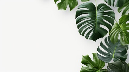 Isolate Dark green Monstera large leaves, philodendron tropical foliage plant growing in wild on white mable rock background concept for flat lay summer greenery leaf With generative ai - obrazy, fototapety, plakaty