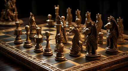 Ancient chessboard and a detailed chess coin king queen. brass statute. AI generated