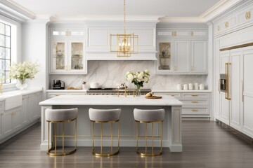 Interior of modern luxurious kitchen classic style. White cabinets with gilded handles, kitchen island with white marble countertop, built-in home appliances, vintage pendant lights. Home design.