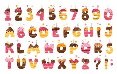 ABC alphabet and numbers. Birthday cake with chocolate icing, and decors. Multicolored biscuit with cream carved in the shape of the English letter. Vector illustration in cartoon hand-drawn style. - obrazy, fototapety, plakaty