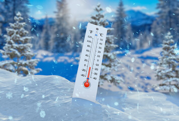 Thermometer in the snow close-up shows a decrease in temperature against the background of falling snow. Thermometer against the background of a snow-covered forest and mountains. 3D render.