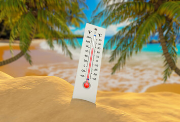 A thermometer on the sand close-up shows an increase in temperature against the backdrop of palm trees on the beach and the seashore. 3D rendering.