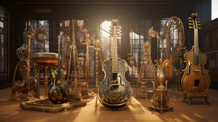 Ancient vintage instrument displays. Collection of ancient vintage Oriental musical instruments. Generative AI