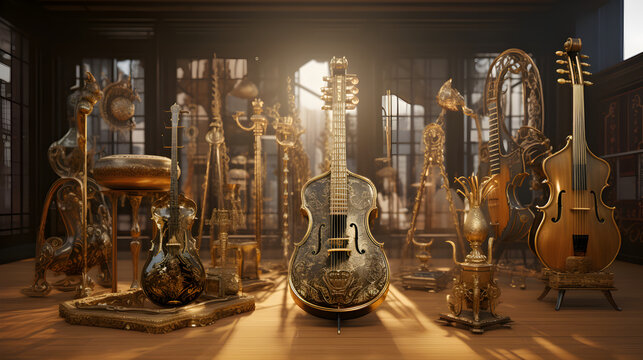 Ancient vintage instrument displays. Collection of ancient vintage Oriental musical instruments. Generative AI © Udayakumar