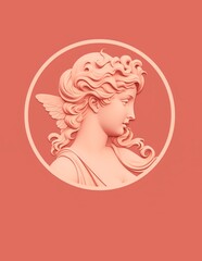 illustration of a female angel statue on a pink-orange background, neoclassicism,charming illustrations, complex engravings, retro style, for posters, logo, prints