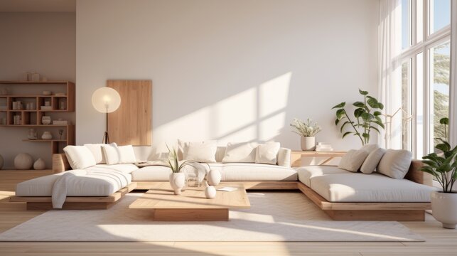 Interior of stylish living room in luxury cottage. White walls, comfortable upholstered furniture with cushions, wooden coffee table, indoor plants, panoramic window overlooking scenic landscape.