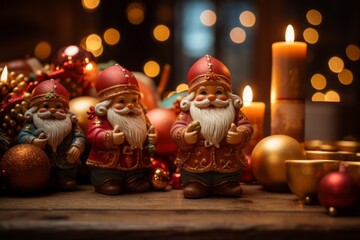 Close-up photo of traditional Saint Nicholas Day treats like gingerbread and marzipan, arranged festively on a wooden table, warm and homely ambiance