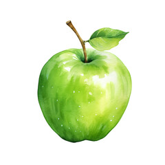 Green apple with leaf in watercolor, transparent background