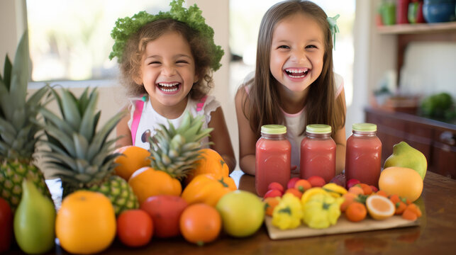Freshly pressed or juiced fruits promote health, depicted with children