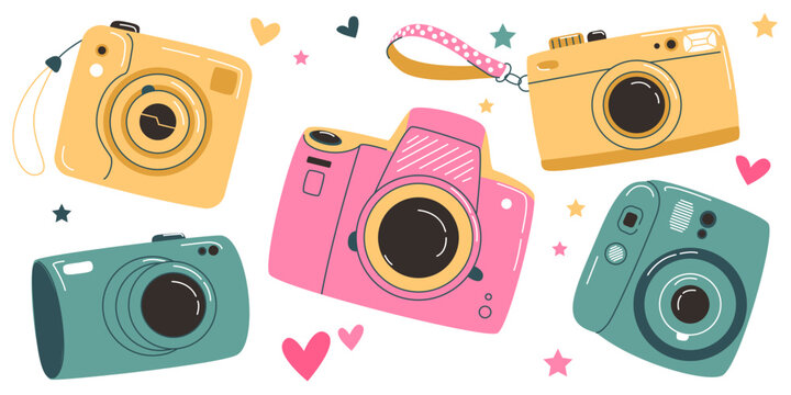 Set of vintage camera device in a cute flat stile, isolated on the white background