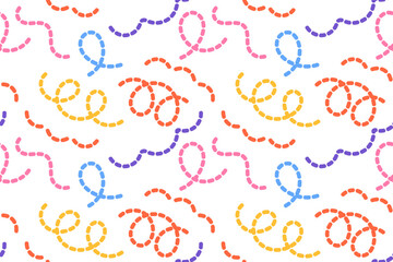 Naive seamless dotted squiggle pattern with bright colored wavy lines on a light background. Creative abstract squiggle style drawing background.