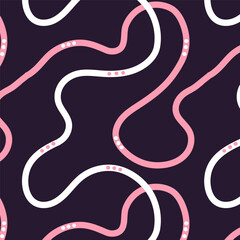 Naive seamless squiggle pattern with bright pink and white wavy lines on a dark background. Creative abstract squiggle style drawing background.