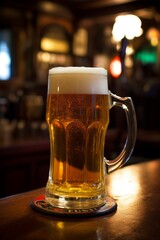 Mug of beer with foam frothy head on wooden table in an English pub background, exuding a warm and inviting atmosphere.