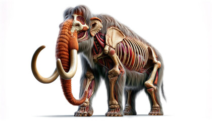 Illustration of Mammoth represented with bones skin and muscle. Wild prehistoric woolly mammoth figure anatomycal in white background. Generative AI