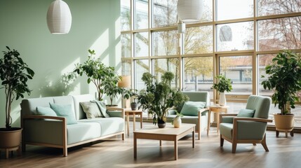 Relaxation room in a modern hospital with comfortable armchairs. A cozy, bright, comfortable premises in a modern clinic with indoor plants, where patients can relax or chat with visiting relatives.