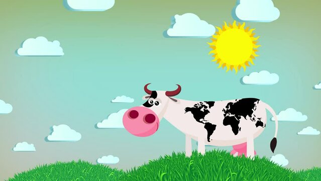 Cartoon spotty black and white earth map day. Pasture grass mountain daylight seamless cute character speckled  animal with sky moving clouds sun. Funny moves creature useful animation.