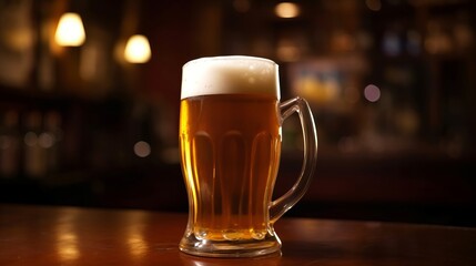 Mug of beer with foam frothy head on wooden table in an English pub background, exuding a warm and inviting atmosphere. - obrazy, fototapety, plakaty
