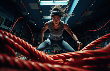 Empowered Fitness: A Young Woman Engages in a Dynamic Workout, Vigorously Swinging Battle Ropes in the Gym, Showcasing Strength, Determination, and a Commitment to a Healthy Lifestyle