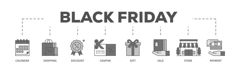 Black friday infographic icon flow process which consists of calendar, shopping, discount, coupon, gift, sale, store, payment icon live stroke and easy to edit 