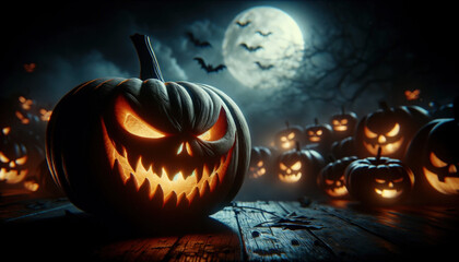 A pumpkin with an evil face, set in darkness on a Halloween night. Happy Halloween-themed images