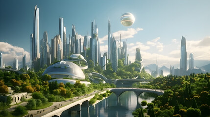 Eco-futuristic cityscape full with greenery, shared taxicabs, skyscrapers, parks, and other green spaces in urban area. Green garden in modern city. Generative AI.  - obrazy, fototapety, plakaty