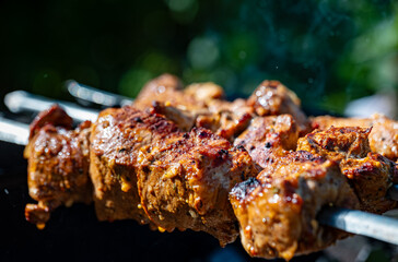 Tasty pork shashlik on the grill.