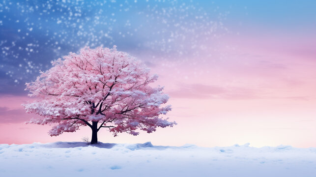 pink tree in winter background