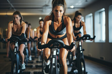 Fototapeta na wymiar Empower Your Ride: Invigorating Spin Classes Tailored for Women on Exercise Bikes