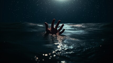 Creepy dark horror hand under the projector light in the middle of the ocean sticking above the water at night asking for help and searching for rescue