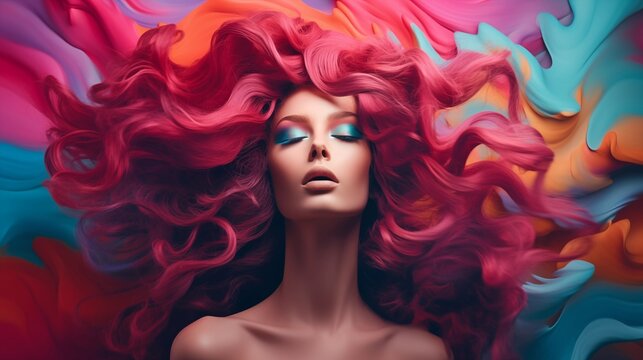 Surreal portrait of a woman with pink hair and glowing skin with makeup on colorful paint background